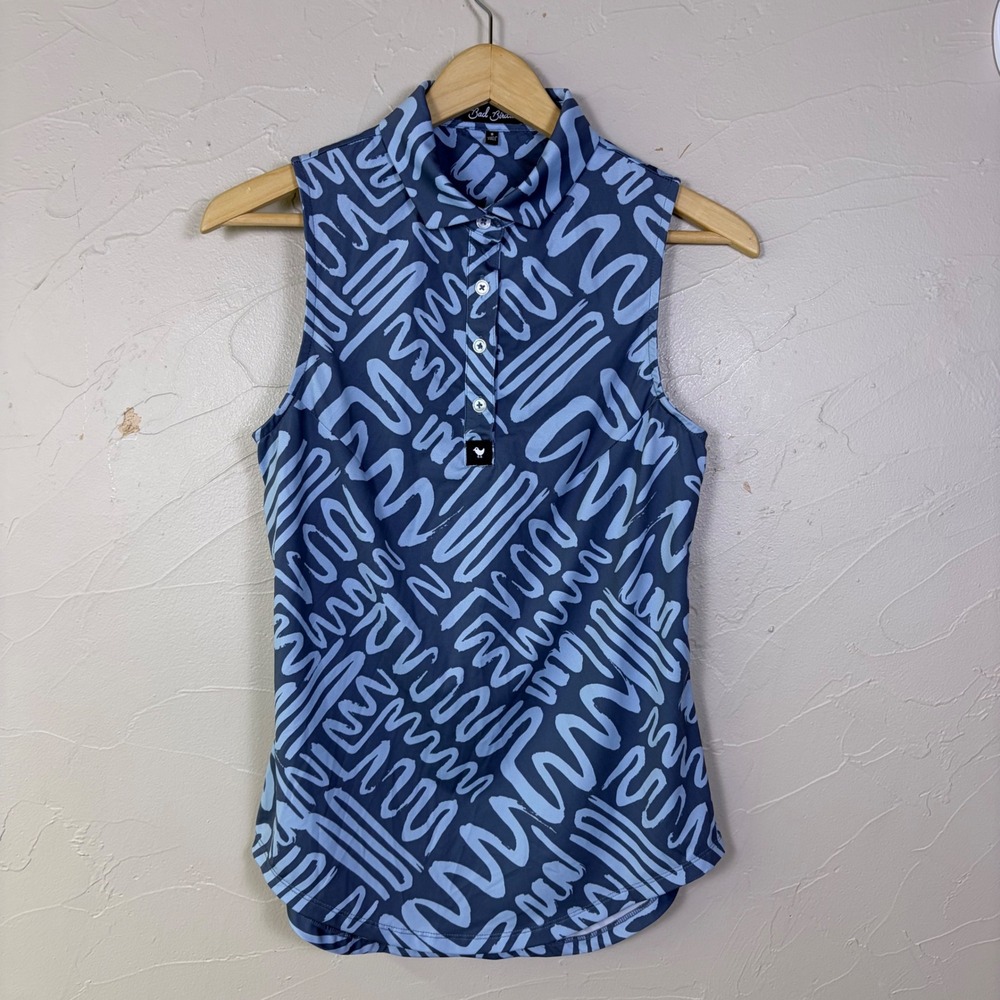 Bad Birdie Sleeveless Polo Shirt Womens Small Blue Abstract Print Golf Sporty